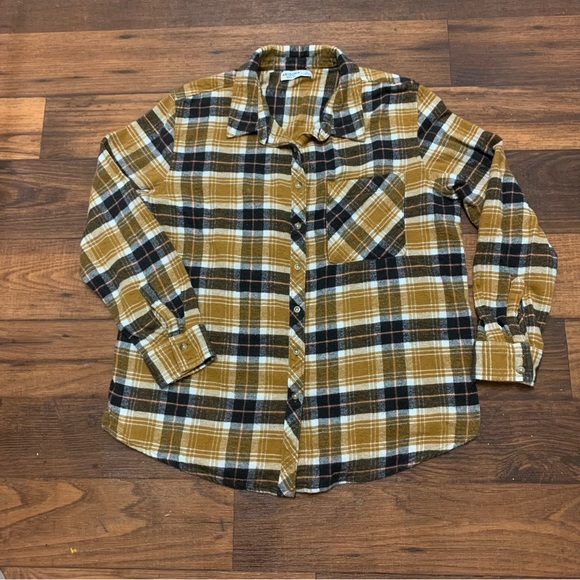 Arizona Jean Co. Flannel Button Down Shirt Size LYellow Brown Plaid Long Sleeve - Picture 3 of 9